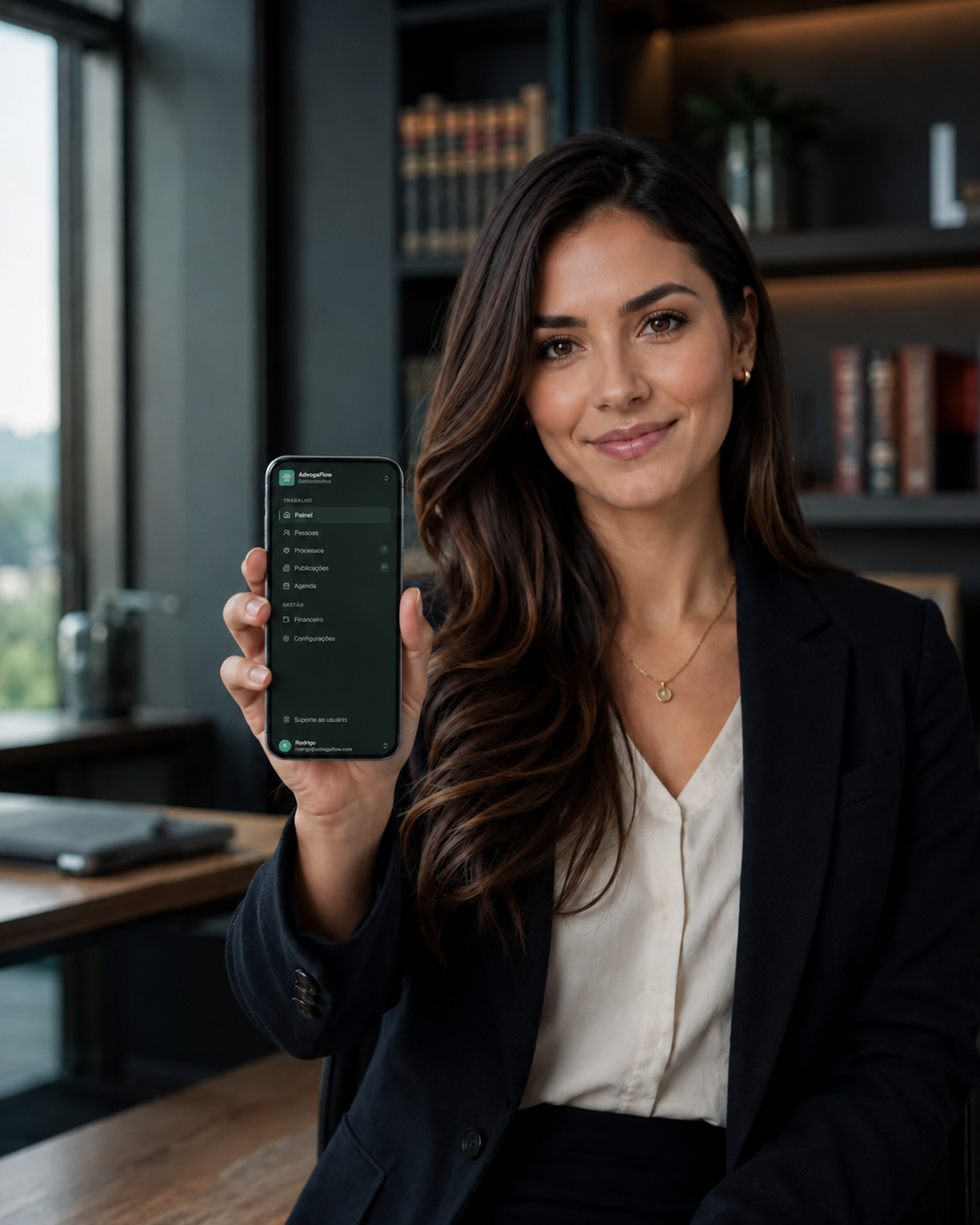 Advogada em um escritório, com um celular em mãos